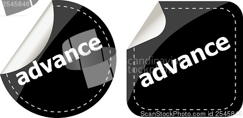 Image of advance word stickers set, icon button, business concept