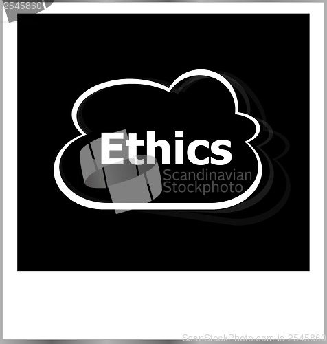 Image of ethics word, photo frame isolated on white