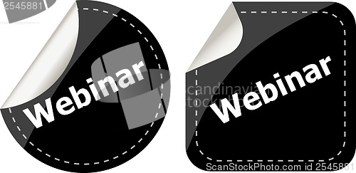 Image of webinar word on black stickers button set, label, business concept