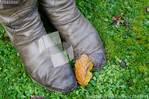 Image of Fall leaf rests on a woman's winter boots