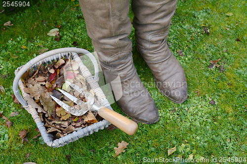 Image of Woman's winter boots next to a basket of autumn leaves