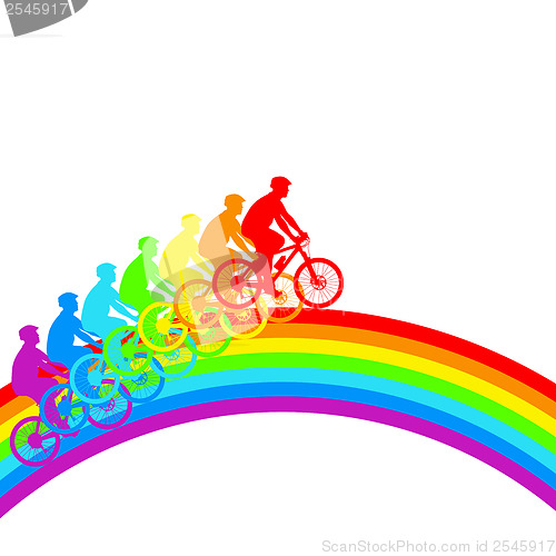 Image of Silhouette of a cyclist a rainbow male.  vector illustration.