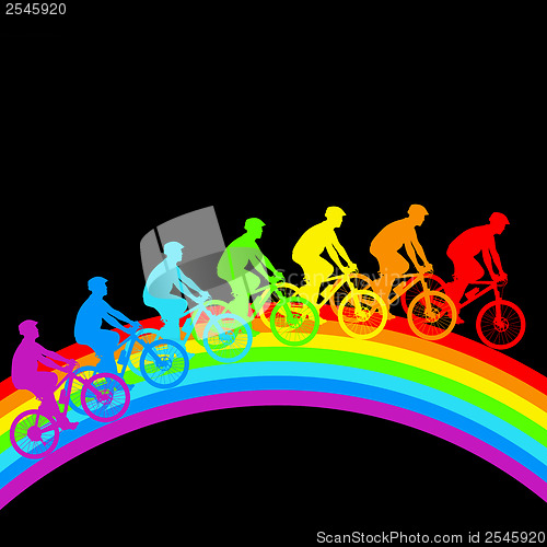 Image of Silhouette of a cyclist a rainbow male.  vector illustration.