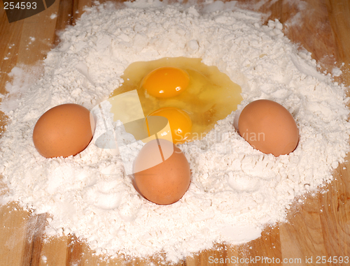 Image of Ingredients for making homemade pasta including eggs and flour