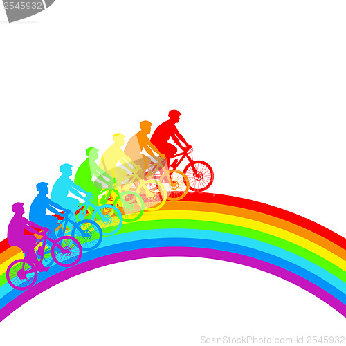 Image of Silhouette of a cyclist a rainbow male.  vector illustration.