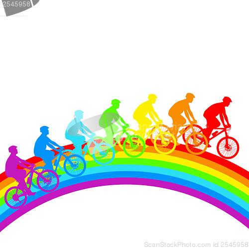 Image of Silhouette of a cyclist a rainbow male.  vector illustration.