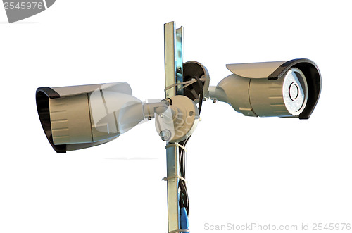 Image of Two security cameras on a white background