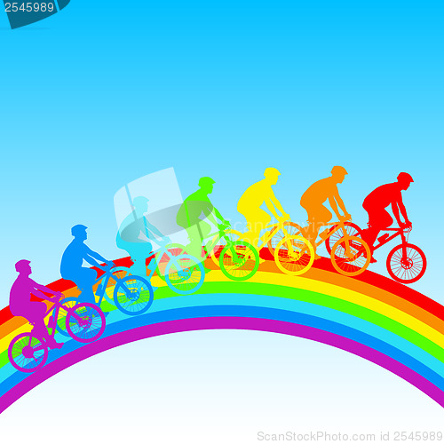 Image of Silhouette of a cyclist a rainbow male.  vector illustration.
