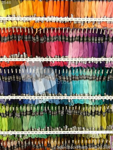 Image of bundles of threads hanging in the shop - rainbow colors :)