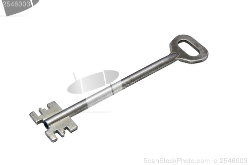 Image of old silver key on white background