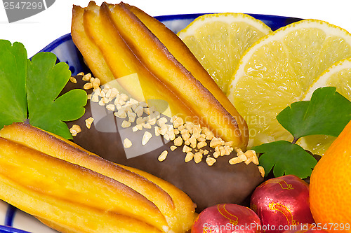 Image of Cakes, sweets, fruit in a vase, painted in the style of the "Gzh