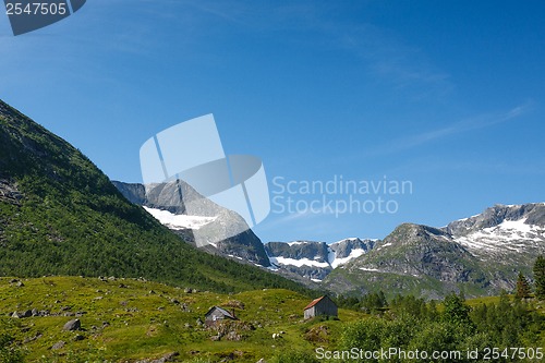 Image of Norwegian landscape with mountains covered by snow