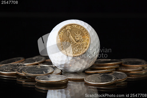 Image of White golf ball and U.S. dollar coins