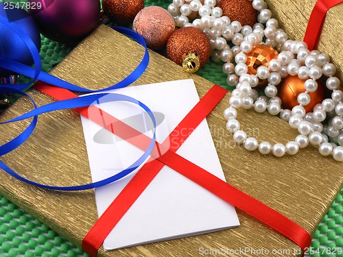 Image of Christmas and new year decoration, baubles and gifts