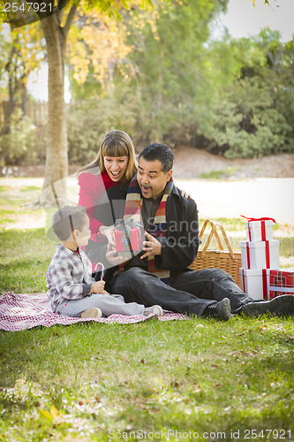 Image of Mixed Race Family Enjoying Christmas Gifts in the Park Together