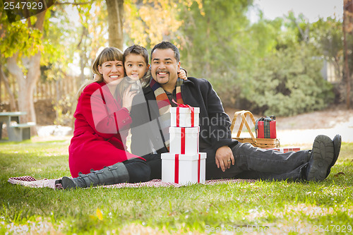 Image of Mixed Race Family Enjoying Christmas Gifts in the Park Together