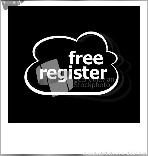 Image of free register word business concept, photo frame isolated on white