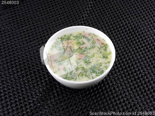 Image of russian cold vegetable soup on yogurt (sour-milk) base - okroshka