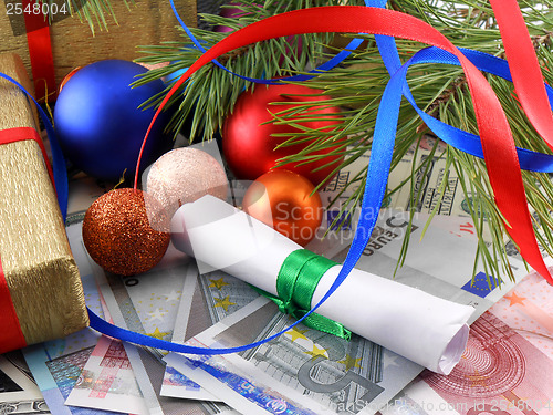 Image of Decorated christmas tree with money, traditional new year holiday card