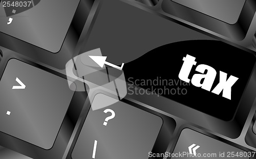 Image of tax word on laptop keyboard key, business concept