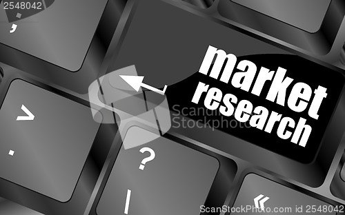 Image of key with market research text on laptop keyboard, business concept