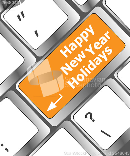 Image of happy new year holidays button on computer keyboard key