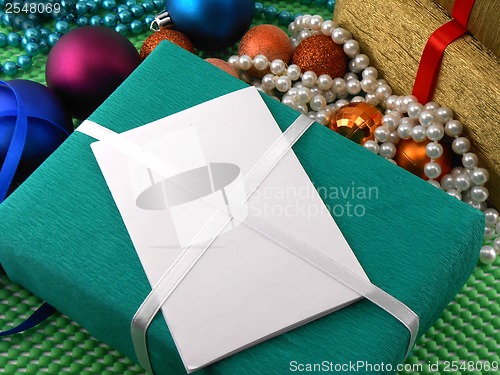Image of Christmas and new year decoration, baubles, diamonds and gifts
