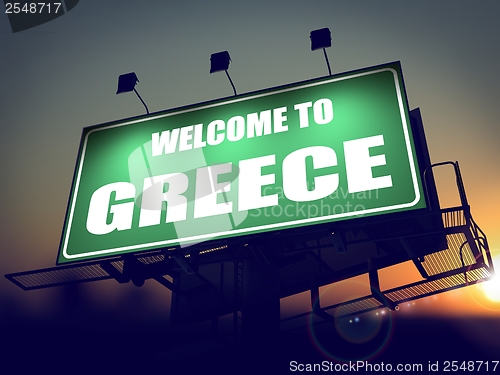 Image of Billboard Welcome to Greece at Sunrise.