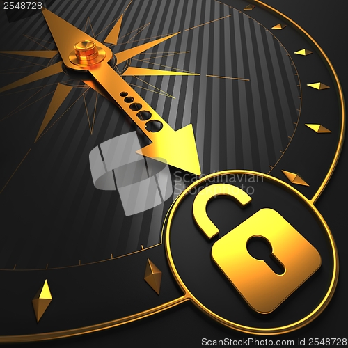 Image of Golden Icon of Opened Padlock on Black Compass.