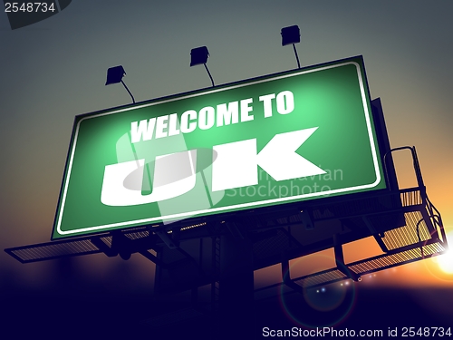 Image of Billboard Welcome to UK at Sunrise.