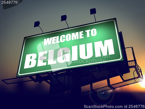 Image of Billboard Welcome to Belgium at Sunrise.