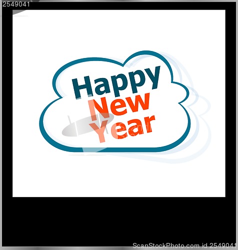Image of happy new year word on cloud, isolated photo frame