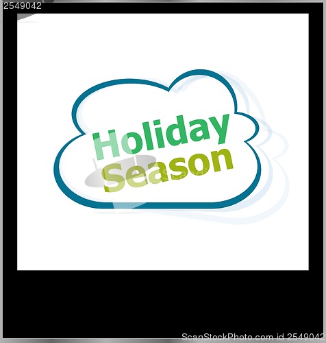 Image of holiday season word cloud on photo frame, isolated