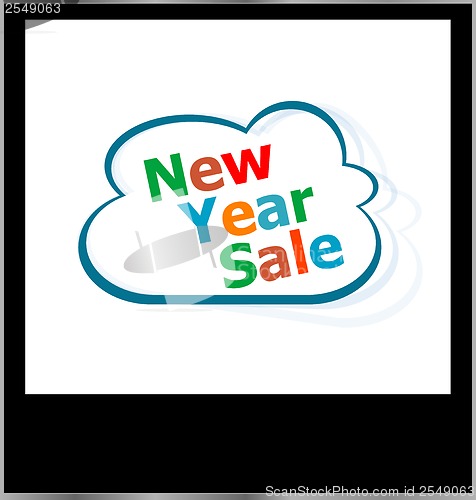 Image of new year sale word cloud on photo frame, isolated