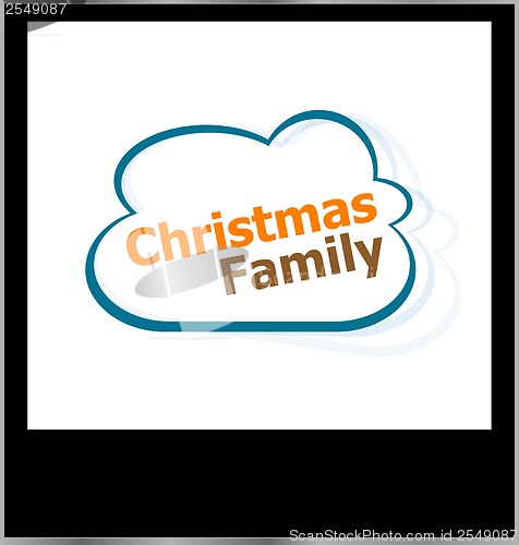 Image of christmas family word cloud on photo frame, isolated