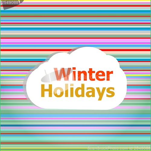 Image of invitation card, winter holidays word on abstract cloud