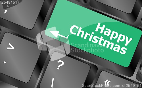 Image of happy christmas message, keyboard enter key button