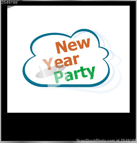 Image of new year party holidays word on cloud, isolated photo frame