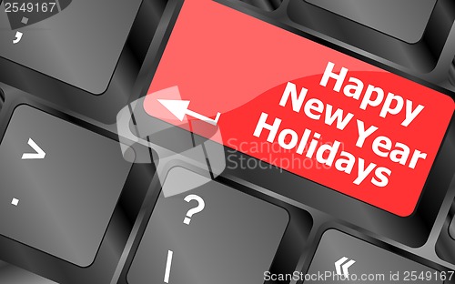 Image of happy new year holidays button on computer keyboard key