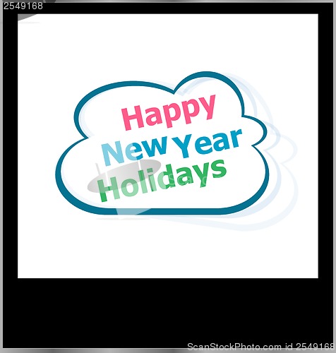 Image of happy new year holidays word cloud on photo frame, isolated