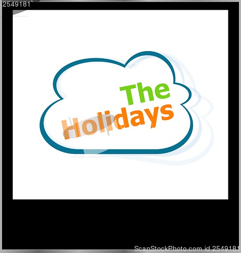Image of the holidays word cloud on photo frame, isolated