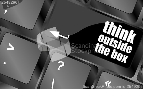 Image of think outside the box words, message on enter key of keyboard