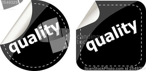 Image of quality word on black stickers button set, label