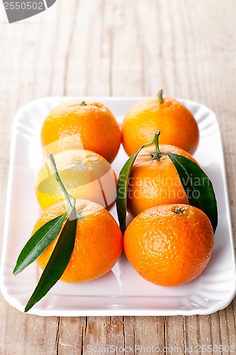 Image of tangerines with leaves in plate 