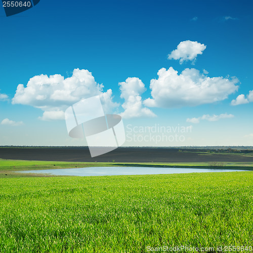 Image of green lanscape with pond under blue sky