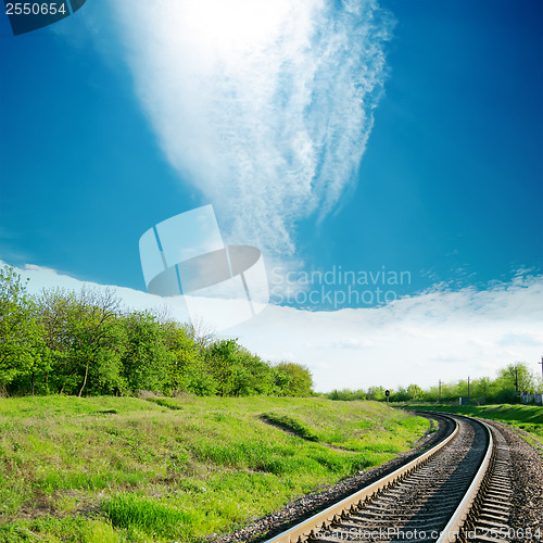 Image of sky with cloud over railroad in green landscape