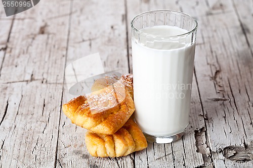 Image of glass of milk and two fresh baked buns 