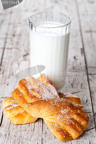 Image of glass of milk and two fresh baked buns 