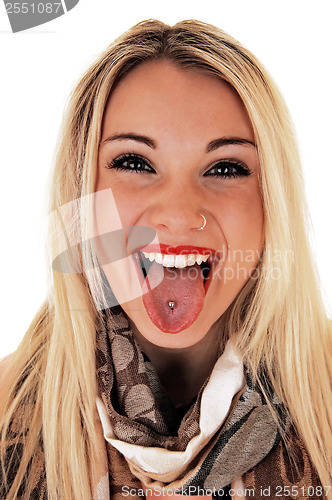 Image of Girl showing pierced tongue.