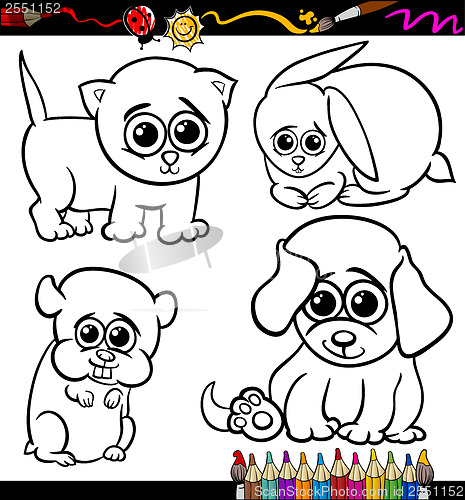 Image of baby pets cartoon set coloring page